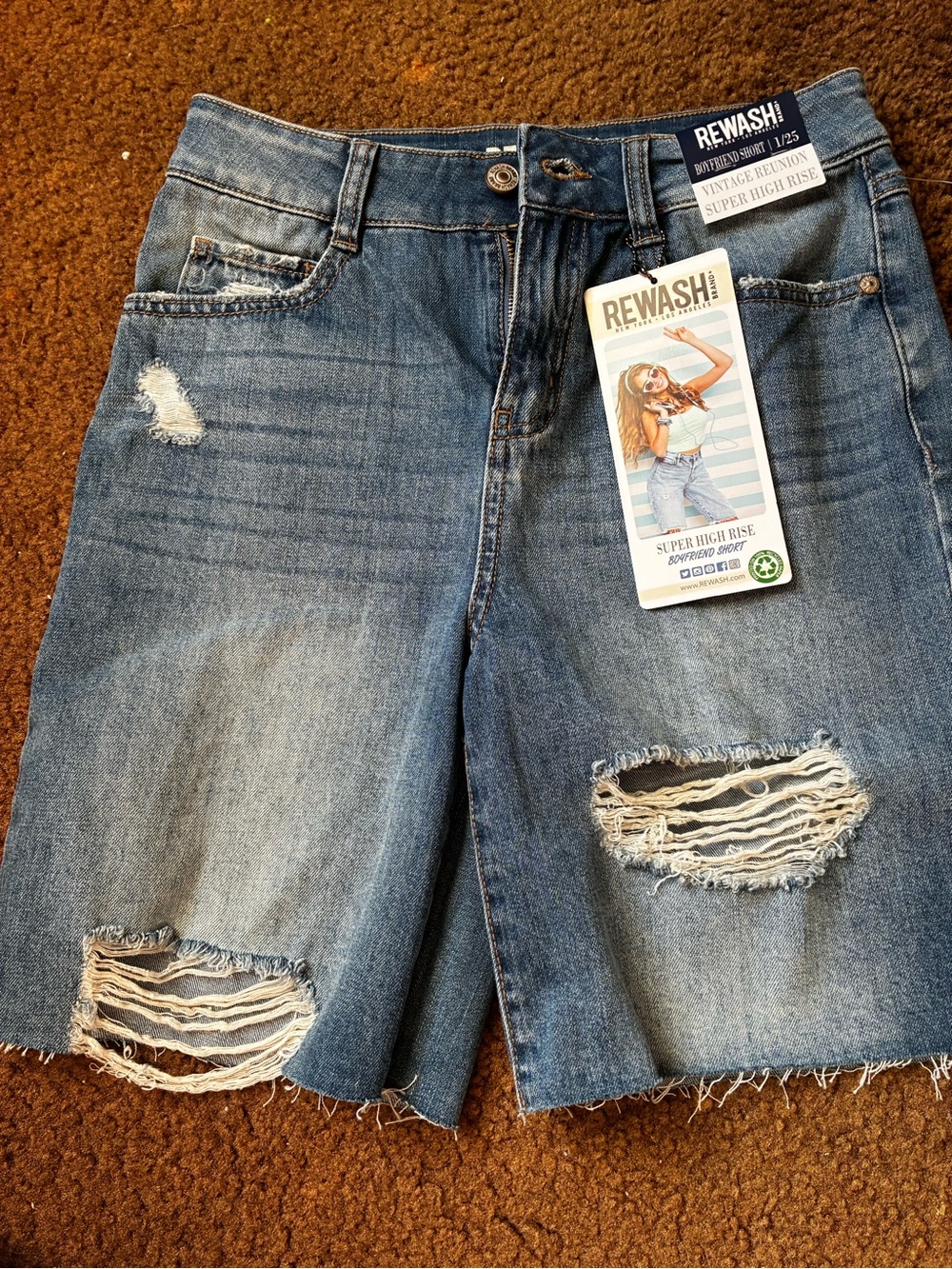 NWT. Rewash Distressed High-Rise Denim Shorts - Light Blue